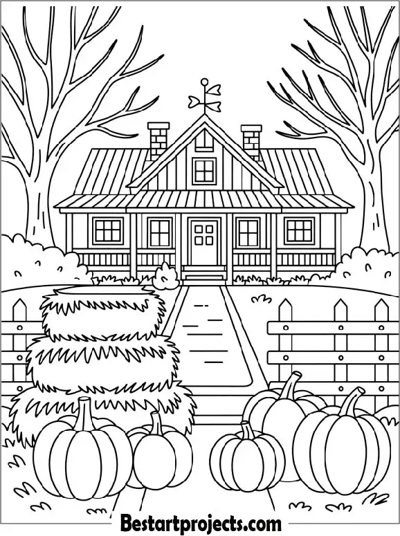 Fall Farmhouse With Hay Bales and Pumpkins Printable Sheet