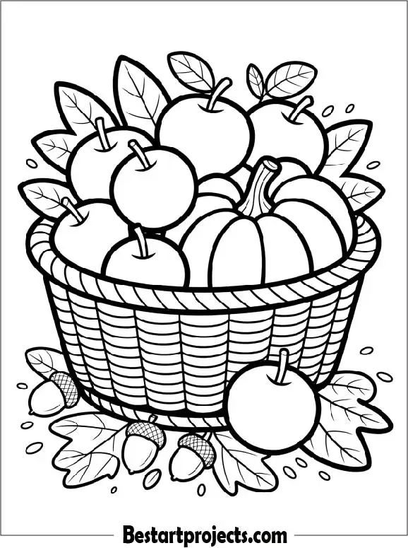 Fall Harvest Basket Filled With Apples and Pumpkins to Color
