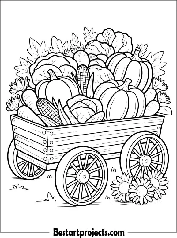 Fall Wagon Filled With Harvest Vegetables Coloring Page