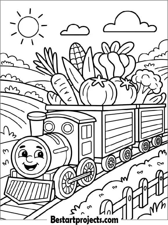 Farm Train Carrying Fresh Vegetables Coloring Page for Kids