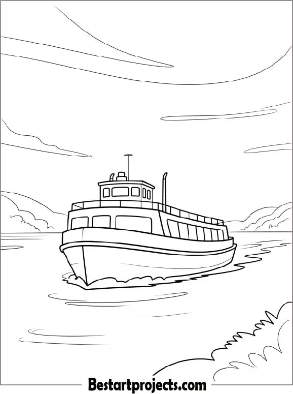 Ferry Boat Crossing the River Coloring Page