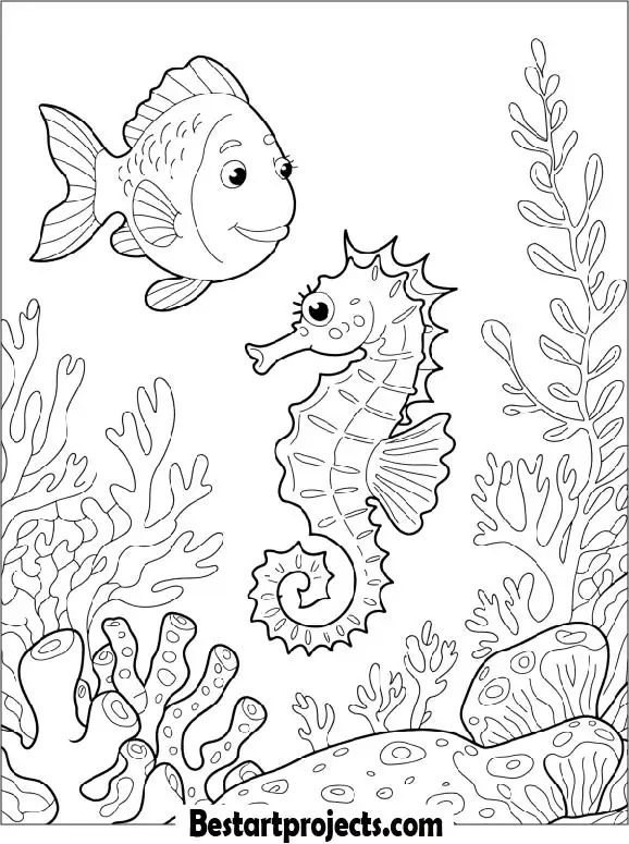 Fish and Seahorse Scene Coloring Sheet