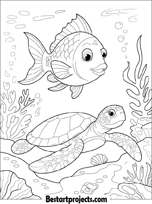 Fish with Sea Turtle Coloring Page