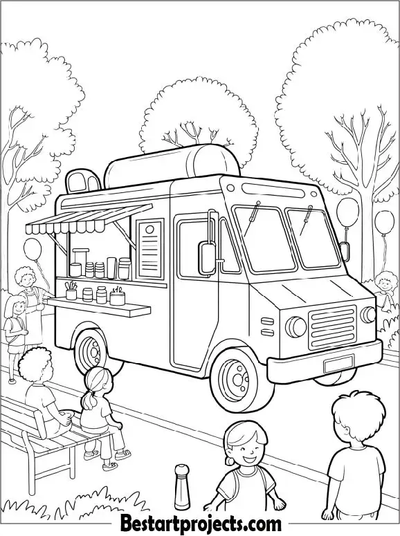 Food Truck at a Busy Park Coloring Sheet