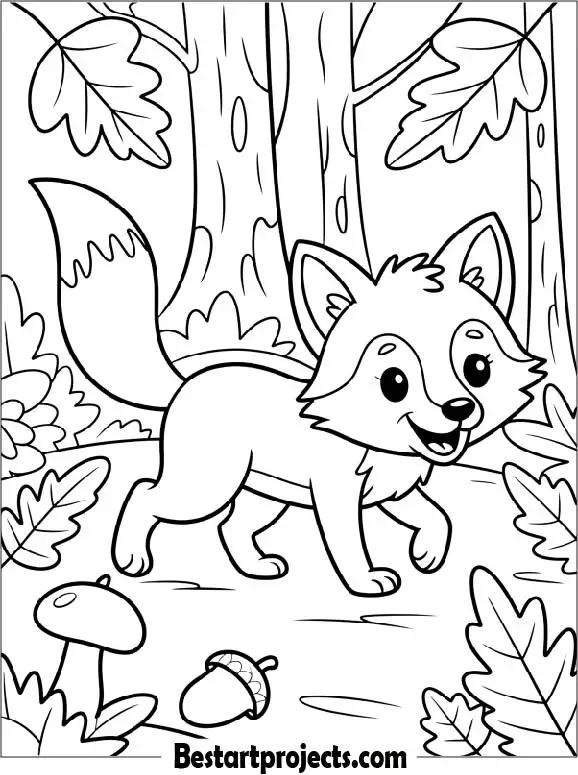 Fox Walking Through a Colorful Fall Forest Coloring Sheet