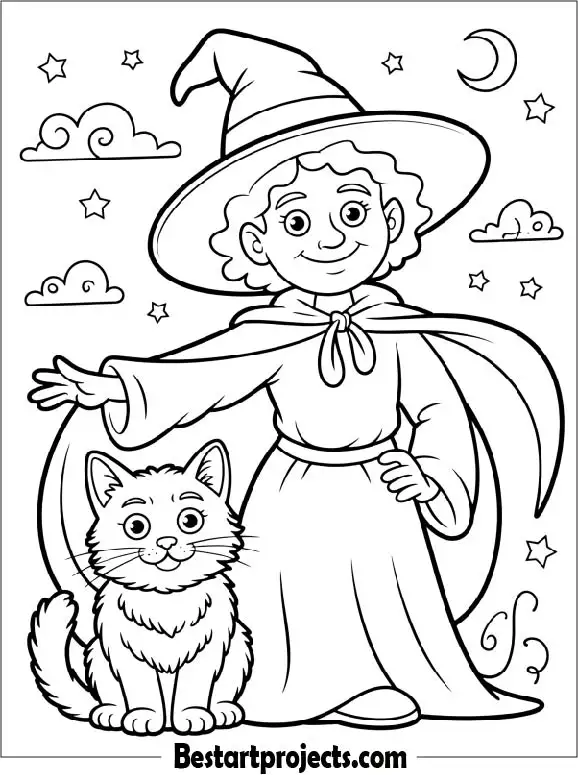 Friendly Witch with Black Cat Coloring Page