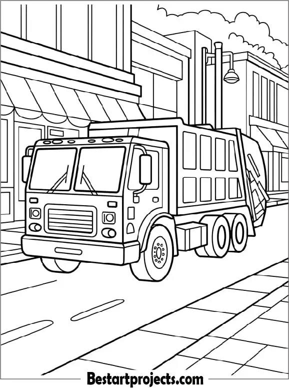 Garbage Truck on a City Street Coloring Page