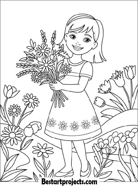 Girl Holding a Flower Bouquet In Spring Coloring Sheet