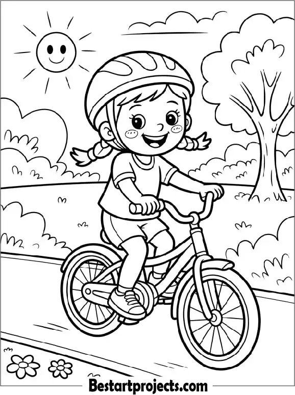 Girl Riding a Bicycle in the Park Coloring Page