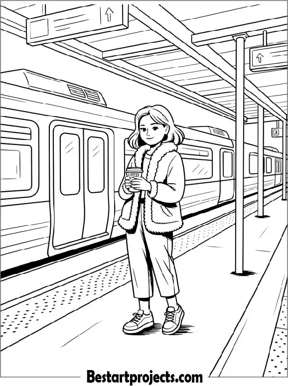 Girl Waiting at a Train Station Coloring Page