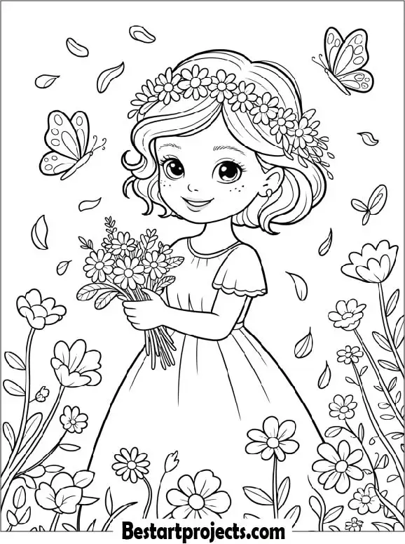 Girl in Flower Garden Coloring Page for Kids