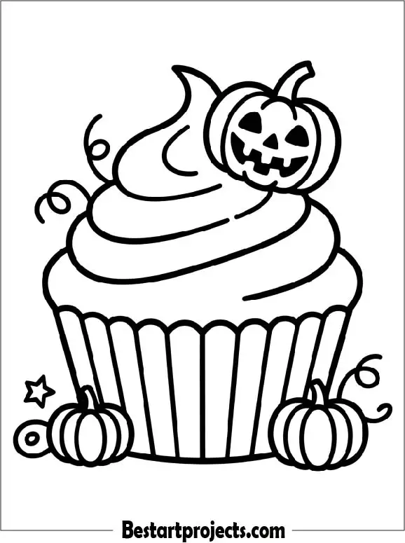 Halloween Cupcake with Pumpkin Coloring Page