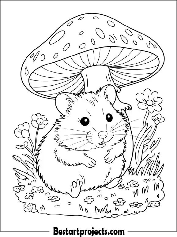 Hamster Under Big Mushroom Coloring Page for Kids