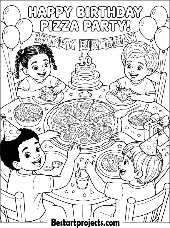 Happy Birthday Pizza Party Coloring Page