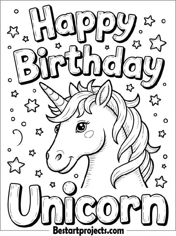 Happy Birthday Unicorn Coloring Page