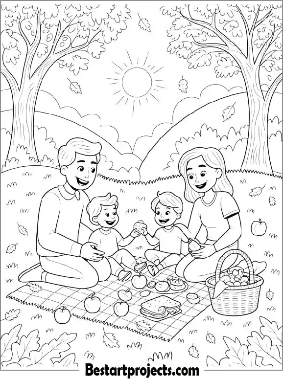 Happy Family Enjoying a Fall Picnic Coloring Page
