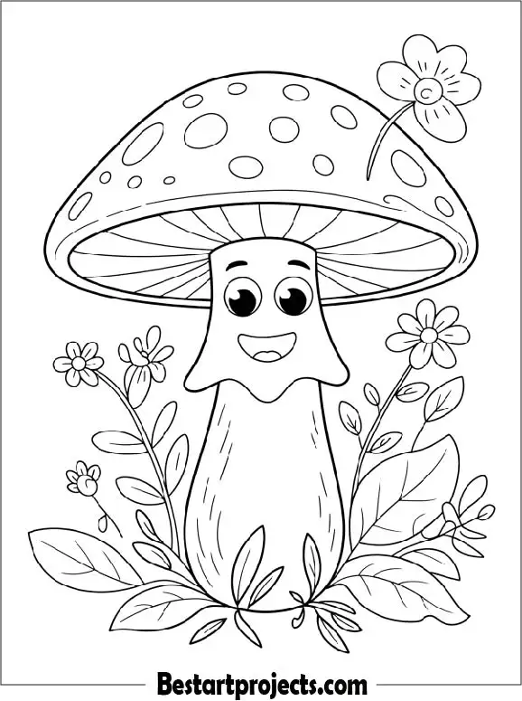 Happy Mushroom Coloring Page for Kids