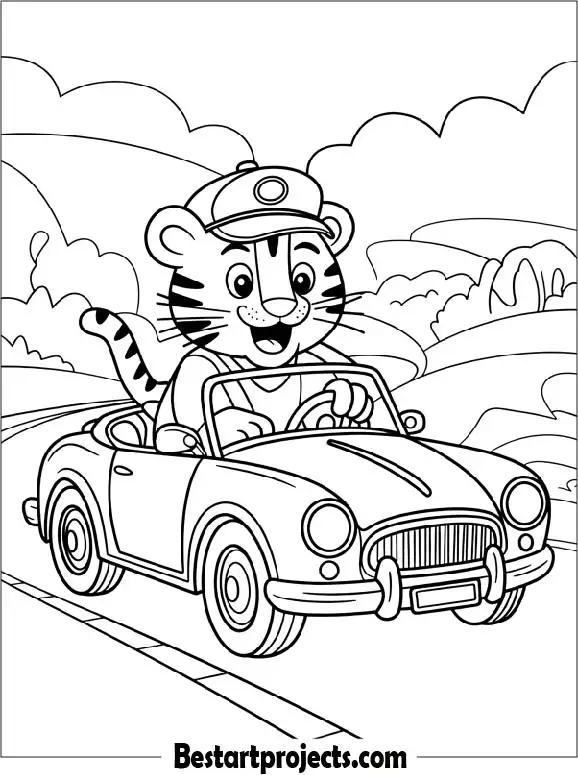 Happy Tiger Driving a Car Coloring Page