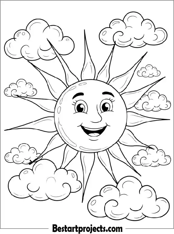 Happy sun and clouds Coloring Page