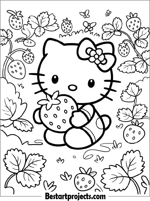 Hello Kitty With Strawberry Coloring Page