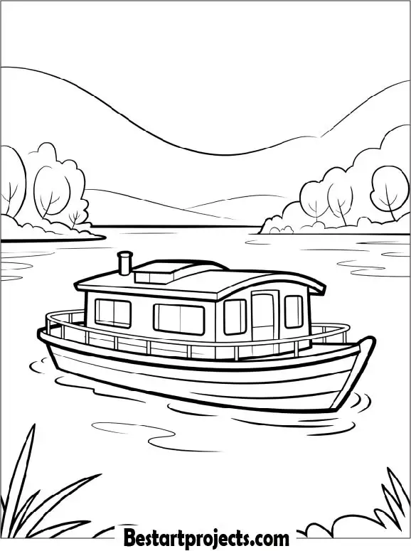 Houseboat Floating on the Lake Coloring Page