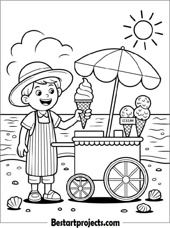 Ice Cream Vendor at the Beach Coloring Page