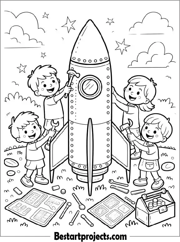 Kids Building a Rocket Coloring Page