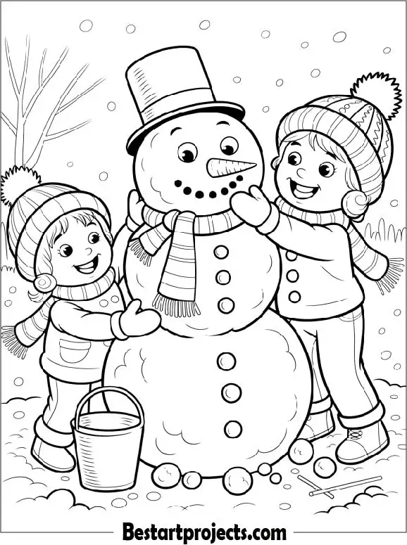 Kids Building a Snowman Coloring Page