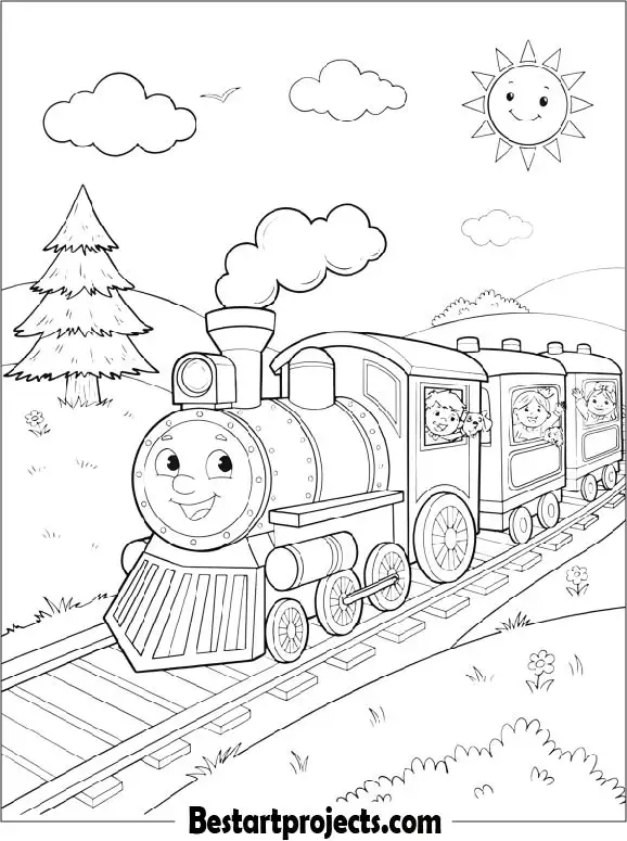Kids Enjoying a Train Ride Coloring Page