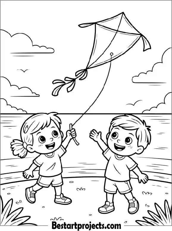 Kids Flying a Kite by the Ocean