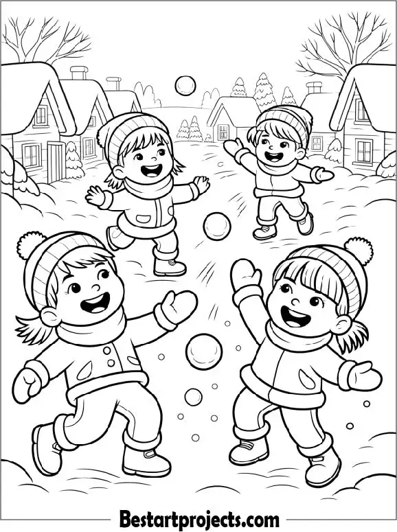 Kids Having a Snowball Fight Coloring Page