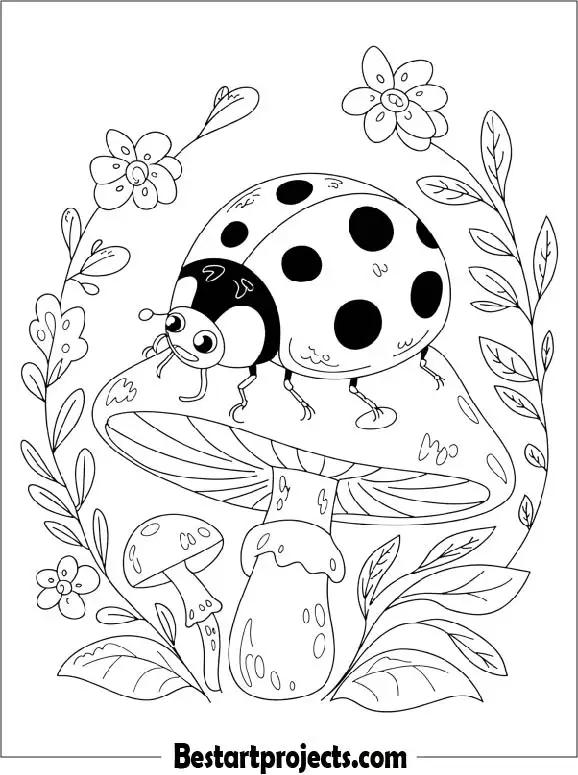 Ladybug Resting on a Mushroom Coloring Page