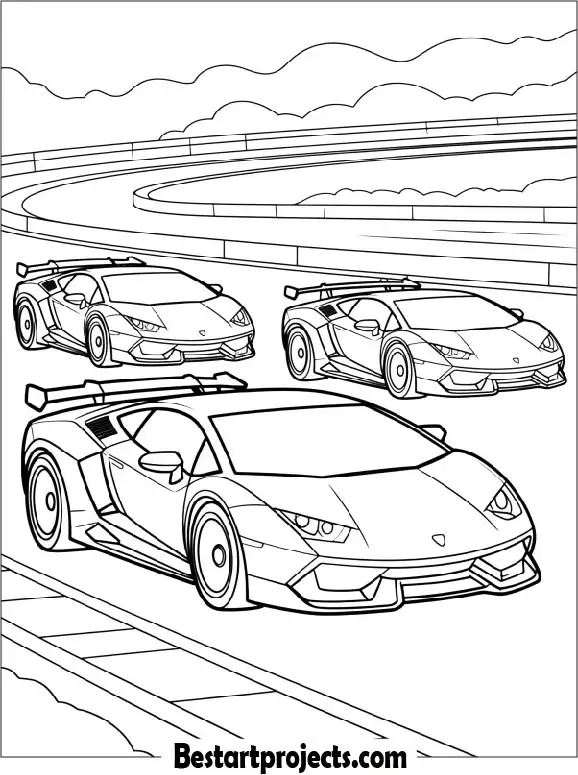 Lamborghini Cars On Race Track Coloring Sheet
