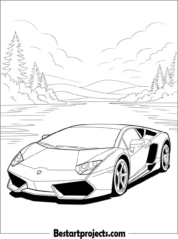 Lamborghini Parked Beside a Beautiful Lake Coloring Sheet