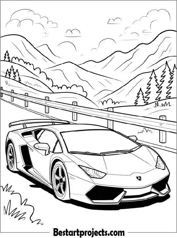 Lamborghini Parked on a Scenic Mountain Road Coloring Page