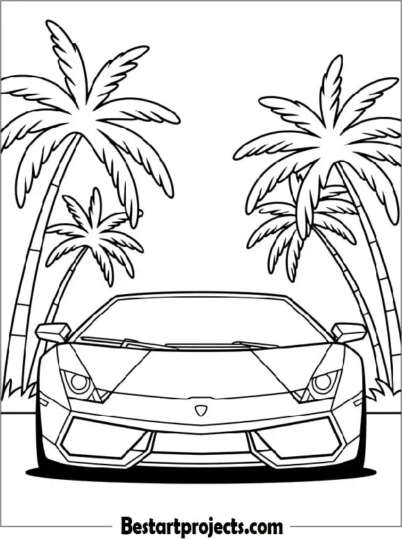 Lamborghini Surrounded by Palm Trees Printable Coloring Page