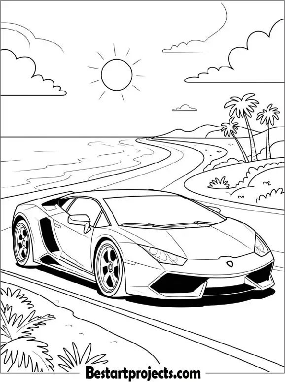Lamborghini on a Coastal Beach Road To Color