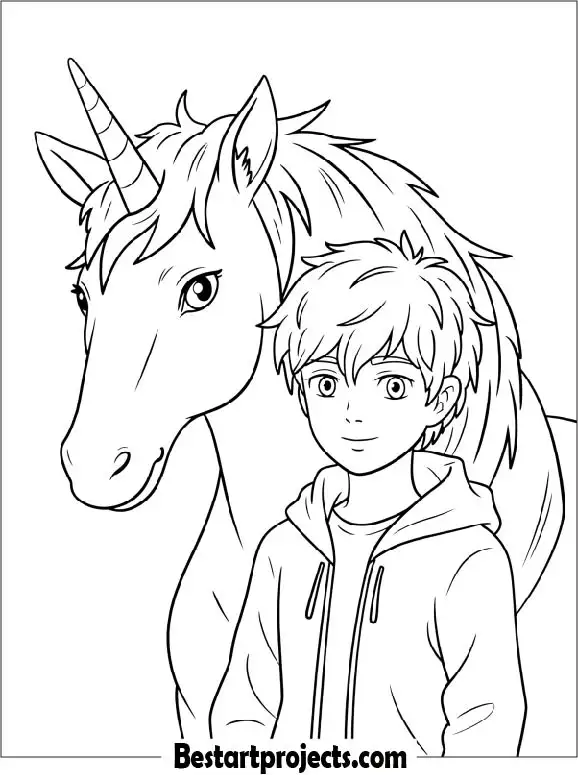 Little Anime Boy with Unicorn Friend Coloring Page