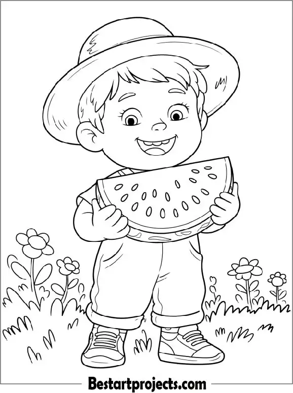 Little Boy Holding a Watermelon Slice Coloring Sheet