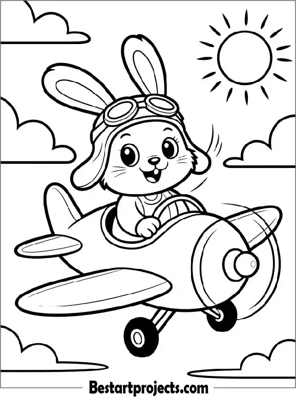 Little Bunny Riding an Airplane Coloring Page