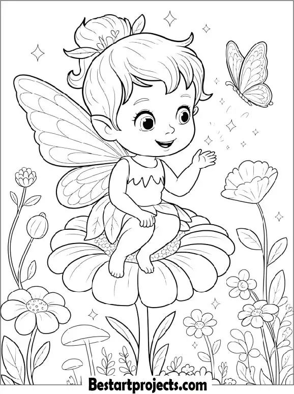 Little Fairy Girl on a Flower Coloring Page for Kids