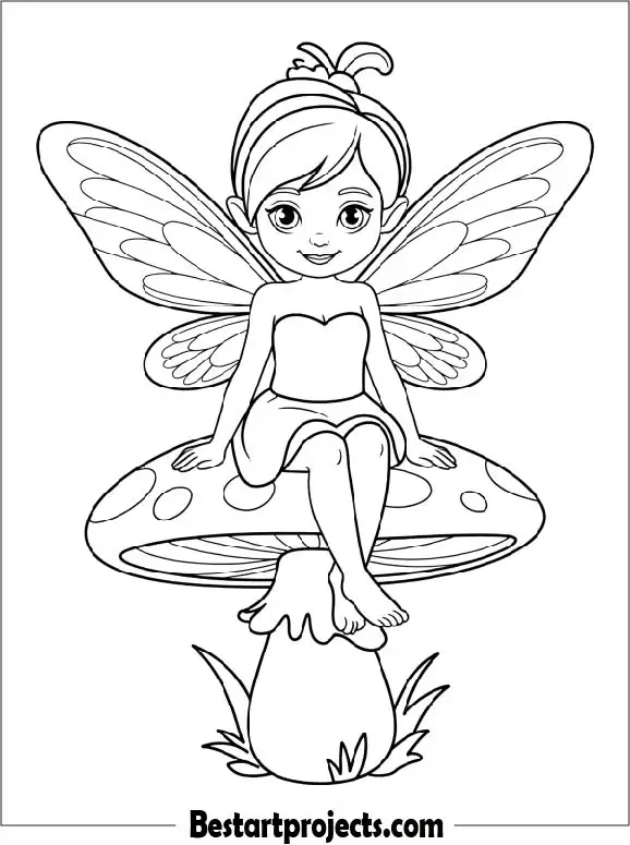 Little Fairy Sitting on a Mushroom Coloring Sheet