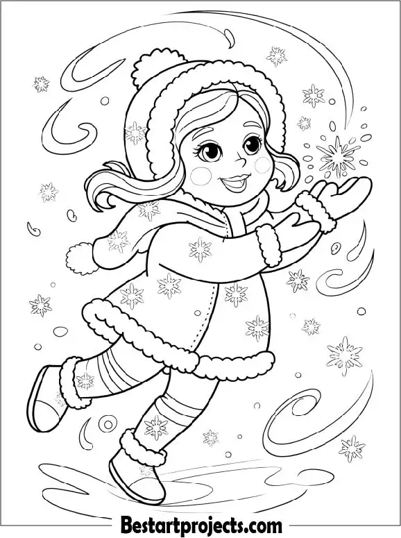 Little Girl Enjoying a Winter Day Coloring Page