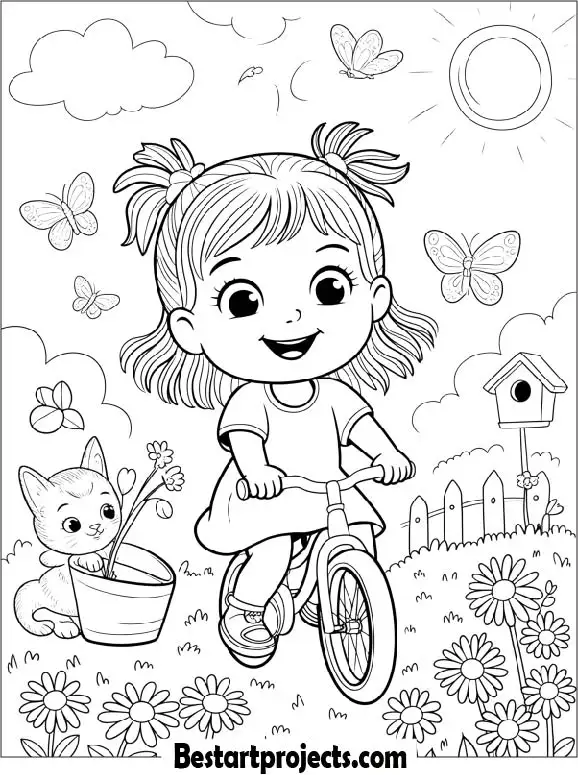 Little Girl Riding a Bicycle in Summer