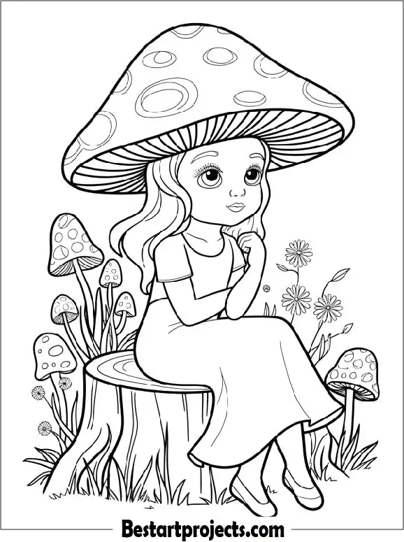 Little Girl Wearing a Mushroom Cap Coloring Page