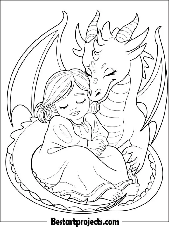 Little Girl and Her Friendly Dragon Coloring Page