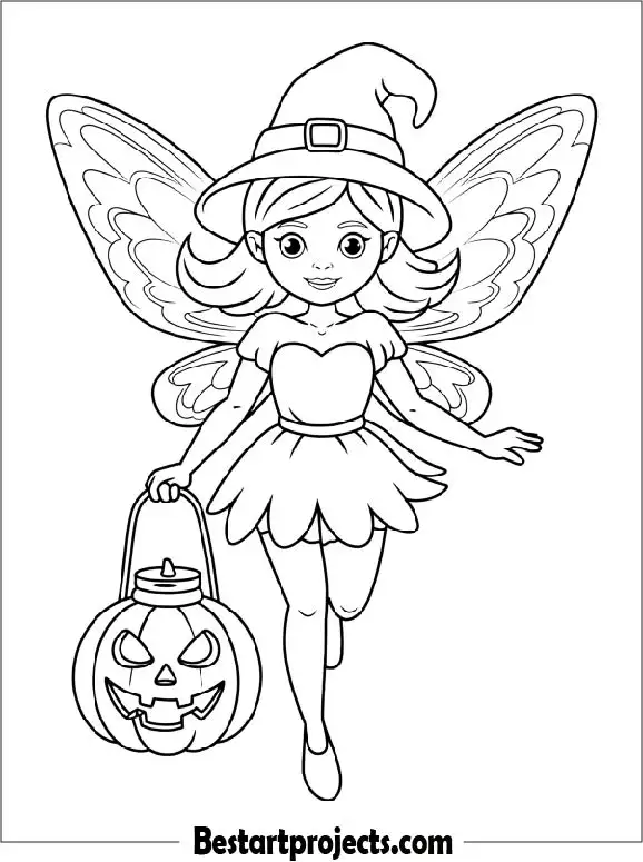 Little Halloween Fairy with Pumpkin Lantern Coloring Sheet