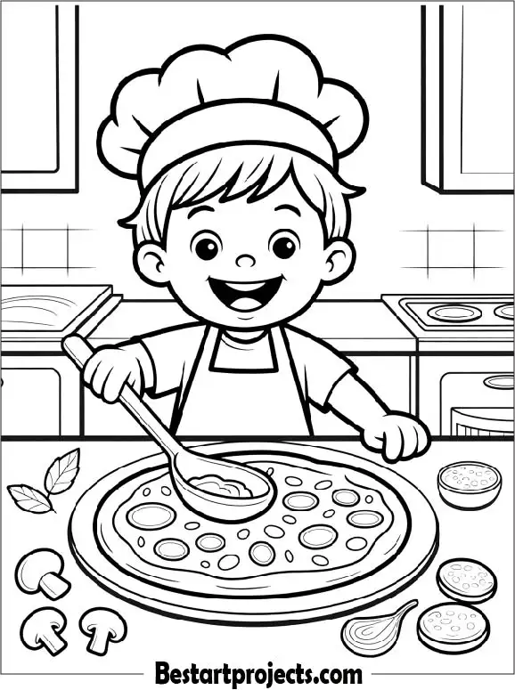 Little Kid Making Homemade Pizza Coloring Sheet