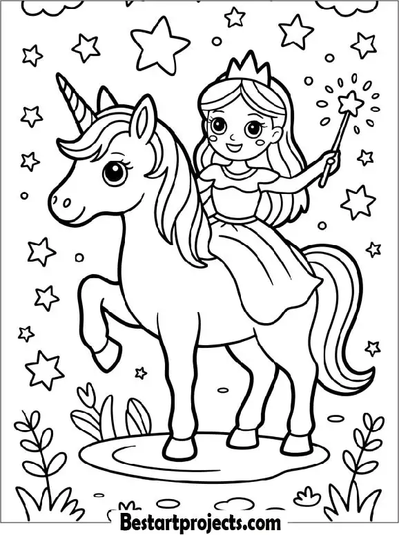 Little princess with a Unicorn Coloring Sheet
