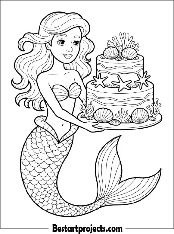 Mermaid Holding a Cake Coloring Page